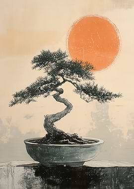 Traditional Japanese Bonsai Tree and Sun