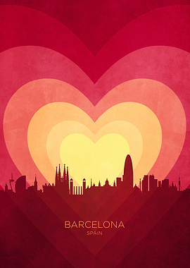 Barcelona Spain Skyline Hearts Red Yellow