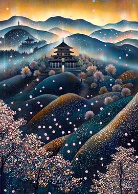 Cherry Blossom Temple in Pointillist Style