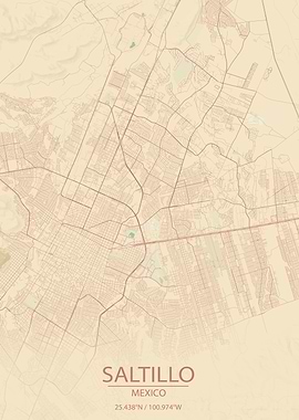 Saltillo Mexico Vintage Style City Map