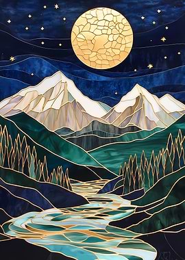Stained Glass Mountain Night