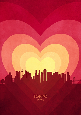 Tokyo Japan Skyline Hearts Red Yellow