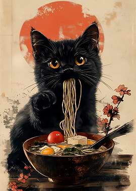Black Cat Eating Ramen