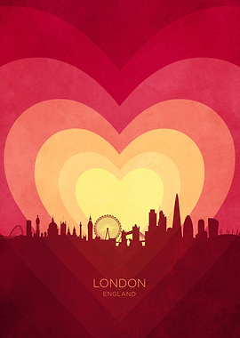 London England Skyline Hearts Red Yellow