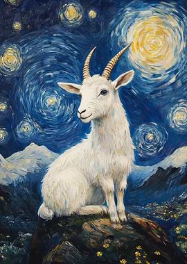 Goat Under Starry Night