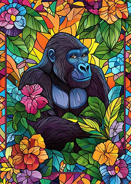 Gorilla in Jungle Stained Glass