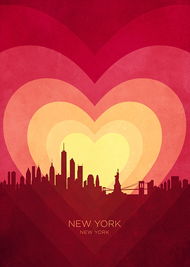 New York City Skyline Hearts Red Yellow
