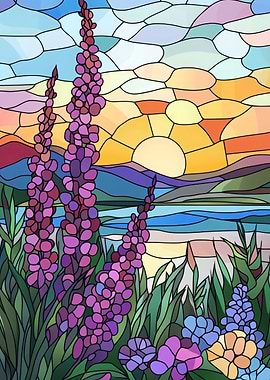 Sunset Landscape with Flowers