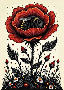 Crimson Bloom: Bee in a Scarlet Rose