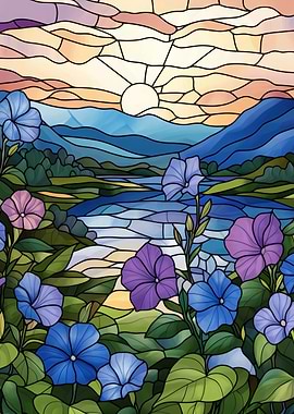 Stained Glass Sunset Landscape