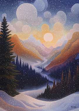 Winter Mountain Valley in Pointillist Style