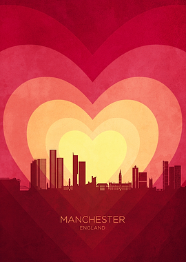 Manchester England Skyline Hearts Red Yellow