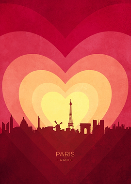 Paris France Skyline Hearts Red Yellow