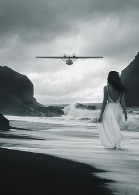 Woman Watching Plane on Beach