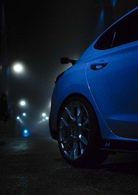 Blue Hyundai i30 N at Night