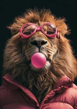 Lion with Goggles and Bubble Gum
