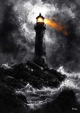 Stormy Lighthouse in Dramatic Monochrome Style