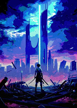 Warriors Silhouetted Cyberpunk Cityscape