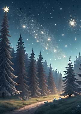 Starry Night Pine Tree Forest