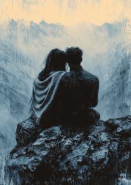 Romantic Couple on Mountaintop in Monochrome Style