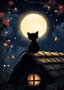 Black Cat Under Full Moon