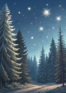 Snowy Pine Tree Forest Starry Night