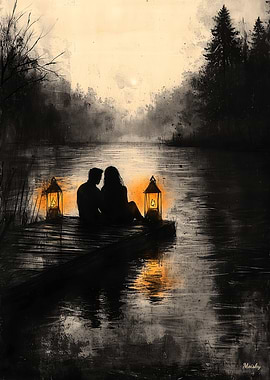Romantic Lake Sunset in Monochrome Style