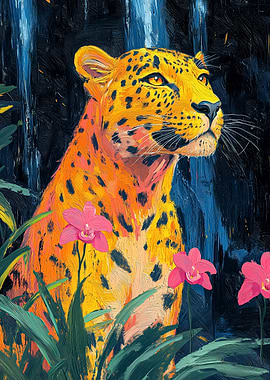 Leopard with Orchids