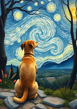 Dog Watching Starry Night van vogh