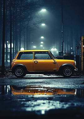 Yellow Mini Cooper at Night