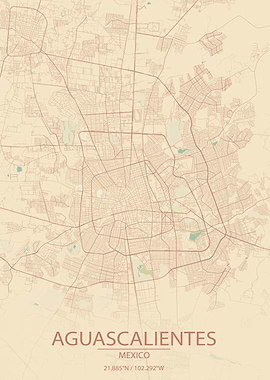 Aguascalientes Mexico Vintage Style City Map