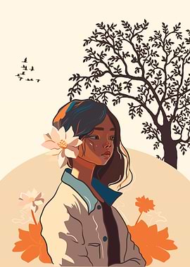 Woman with Flowers and Tree