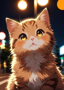 Cute Cat in City Lights