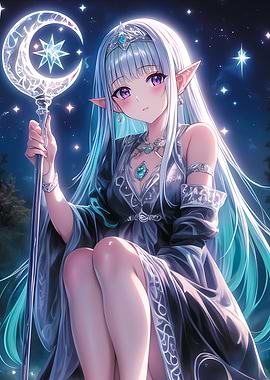 Anime Girl Elf with Moon Staff