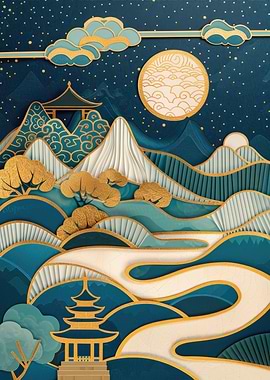 Kintsugi Papercut Night Japanese Landscape
