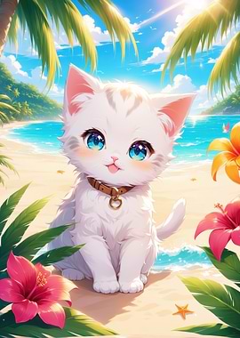 Cute Cat on Tropical Beach
