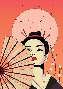 Geisha with Fan and Cherry Blossoms