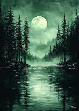 Mystical Forest Moon in Monochrome Green