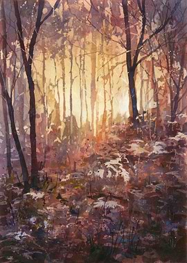 Landscape Watercolor Painting Golden Forest Path