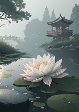 Water Lily in Japanese Zen Garden