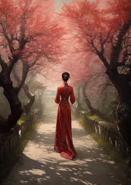 Woman in Red Dress Walking Through Cherry Blossoms