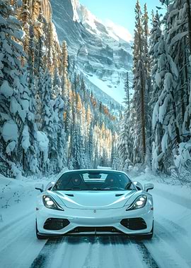 White Sports Car in Snowy Mountains