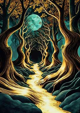 Golden Path in Moonlight Forest