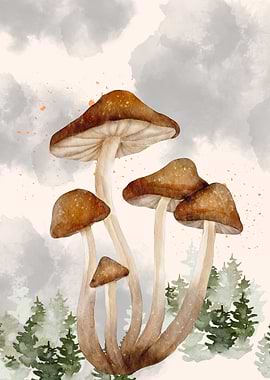 Watercolor Forest Mushrooms