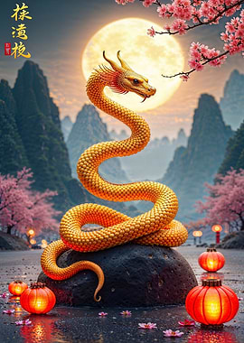 Golden Dragon in Moonlight