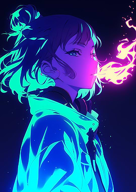 Anime Girl with Neon Flames