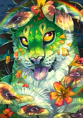 Green Feline with Flowers