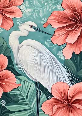 White Crane in Blooming Flowers