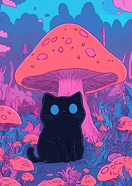 Black Cat in Mushroom Forest