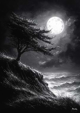 Stormy Cliff Moonlight in Monochrome Black and White
